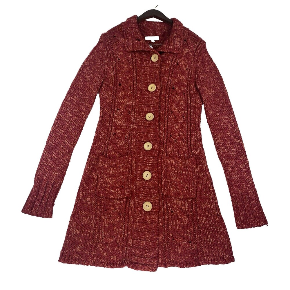 Longline Cardigan Womens L Red Sweater Jacket Button Front Long Sleeve Layer